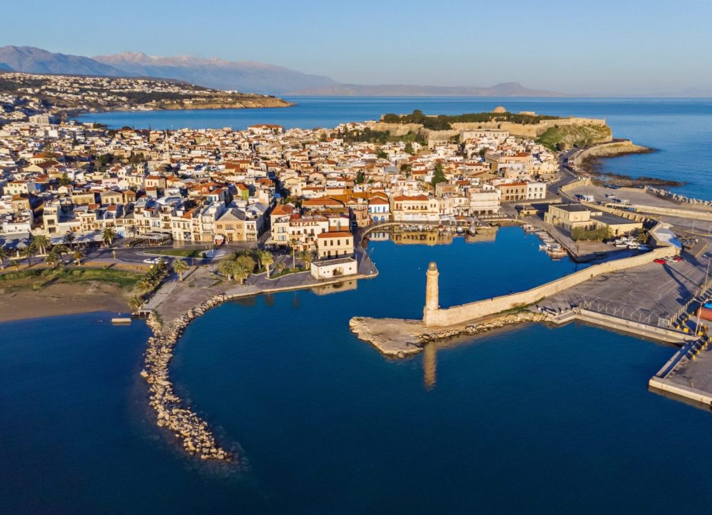 Aerial photo of Rethymno old venetian port and Fortezza castle