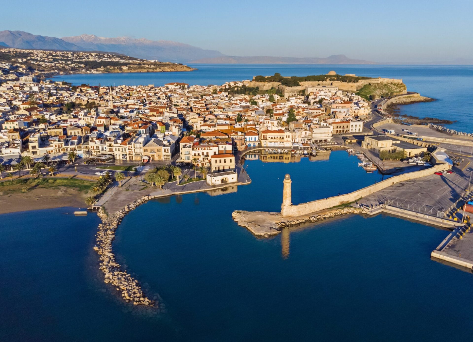 Aerial photo of Rethymno old venetian port and Fortezza castle